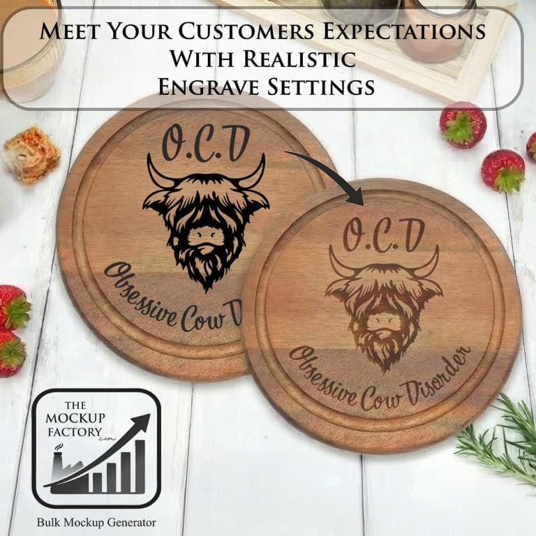 Realistic engraved wooden chopping board mockup created with The Mockup Factory